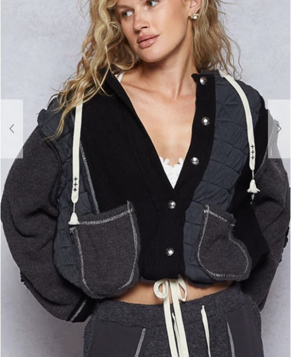 POL‎ In Quilted Patchwork Hoodie Jacket Mixed Media Charcoal Black L Shacket